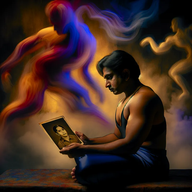 Persoon in een contemplatieve houding die naar een oude afbeelding kijkt, omringd door etherische kleuren.
