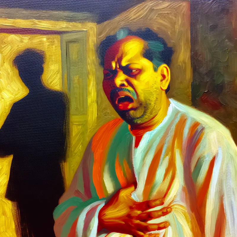 Portret van een persoon die in een slecht verlichte kamer staat met een verontruste blik en zijn buik vasthoudt, wat emotionele onrust uitdrukt.