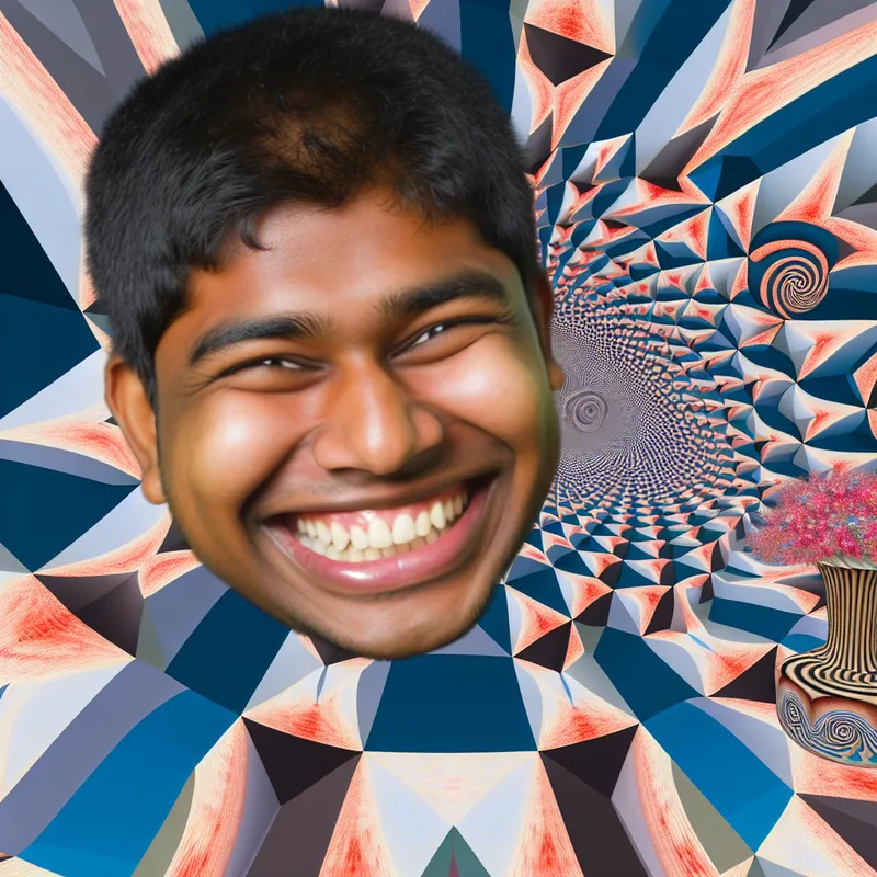 Persoon met grote glimlach in een surrealistisch geometrisch landschap, omgeven door onmogelijke architecturen en optische illusies.