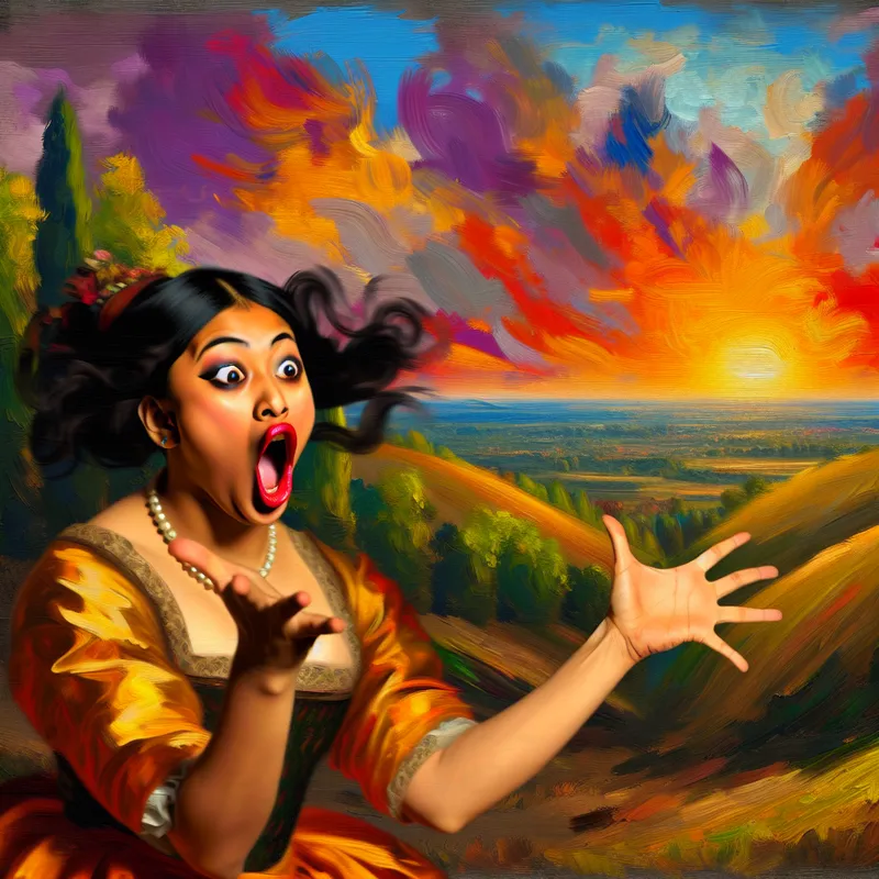 Expressieve persoon in emotionele uitroep met nadruk, geschilderd in de stijl van Frans Hals met levendig landschap op de achtergrond