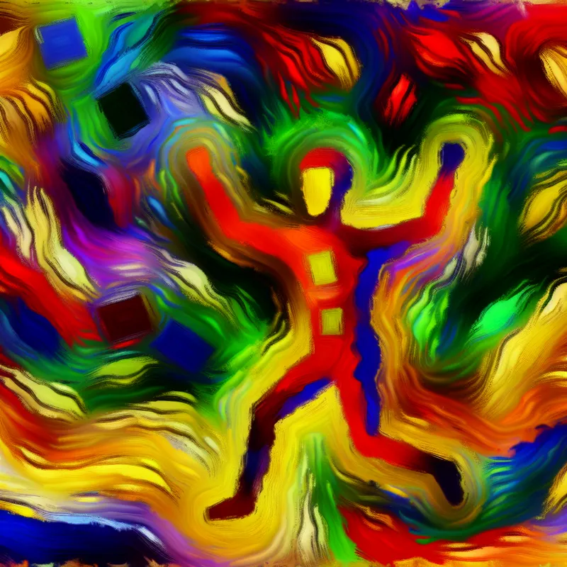 Abstracte afbeelding van emotionele veerkracht met een dynamische figuur die obstakels overwint, omringd door levendige kleuren.