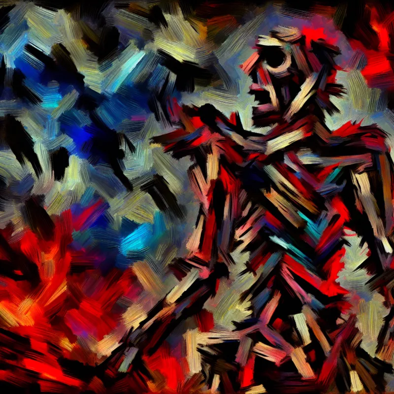 Abstract expressionistisch schilderij van een gefragmenteerde figuur die emotionele vernietiging en verlies van zelfvertrouwen symboliseert, met chaotische penseelstreken en felle kleuren