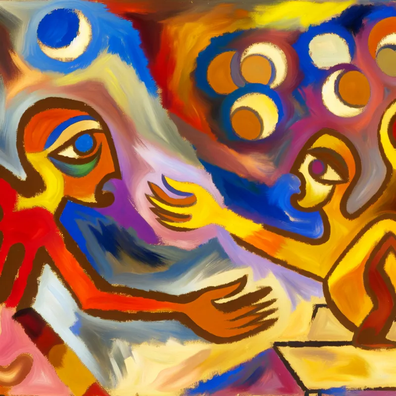 Abstract kunstwerk dat twee mensen toont; een persoon reikt hun hand uit om een ander in nood te helpen, symboliseert empathie.