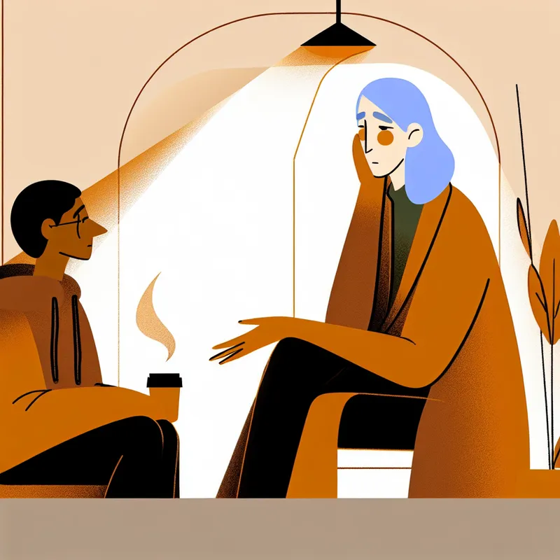 Twee mensen in een warm gesprek; de luisterende persoon toont bezorgdheid en aandacht, terwijl de andere zijn gevoelens deelt.