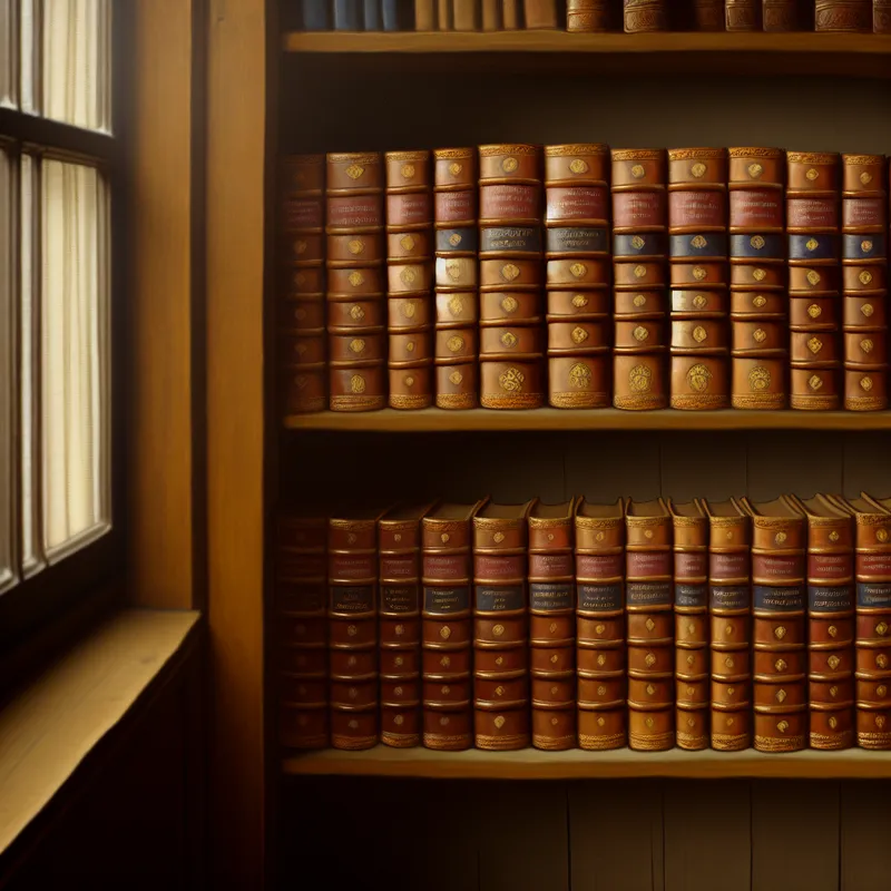 Gedetailleerde Vermeer-stijl schilderij van een rustige studeerkamer met een boekenkast vol leren encyclopediebanden, waarvan één deel is opengeslagen