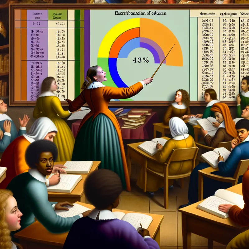 Een levendig klaslokaal met een leraar die een kleurrijke tabel over examenresultaten uitlegt aan diverse studenten.