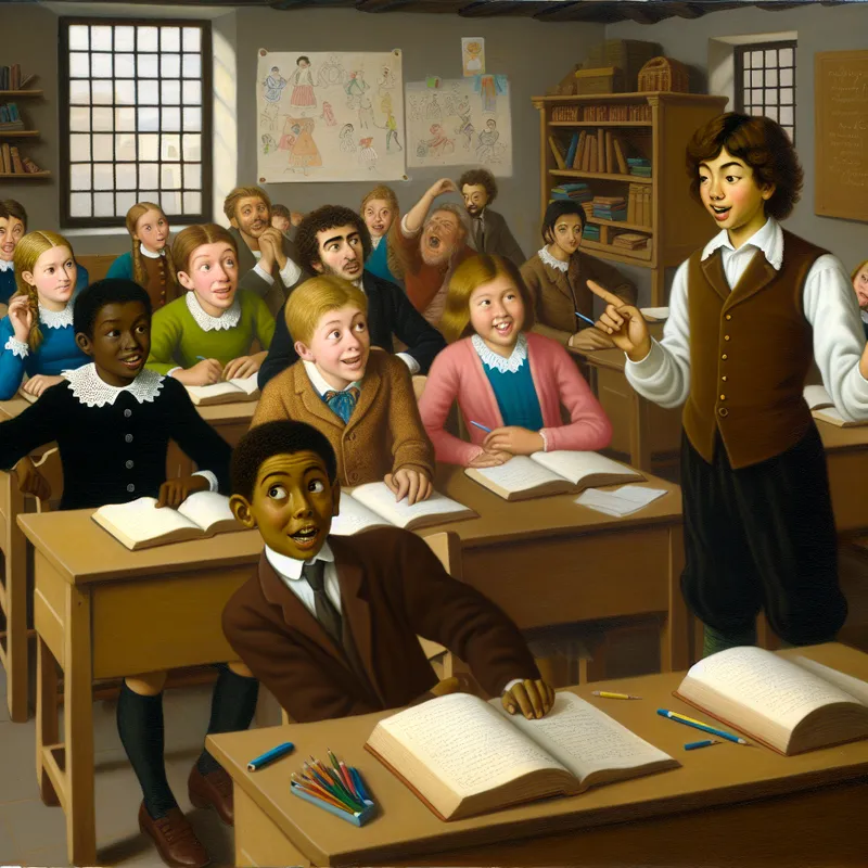 Een energieke scène in een klaslokaal met diverse leerlingen, eentje staat vooraan en beantwoordt een vraag.