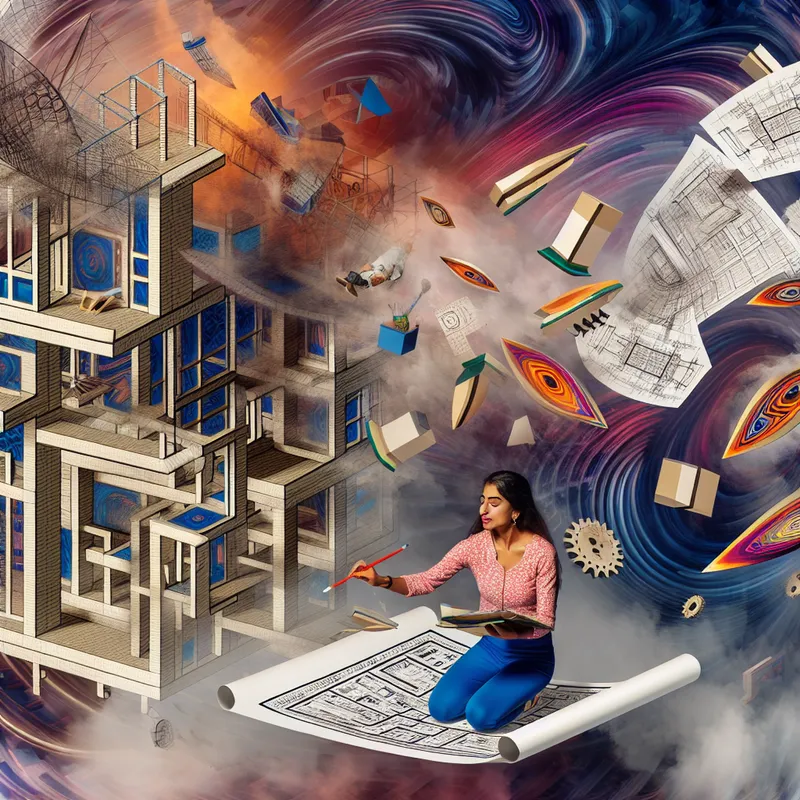 Persoon die energiek een nieuw gebouw ontwerpt met geometrische patronen en surrealistische elementen in de stijl van M.C. Escher.