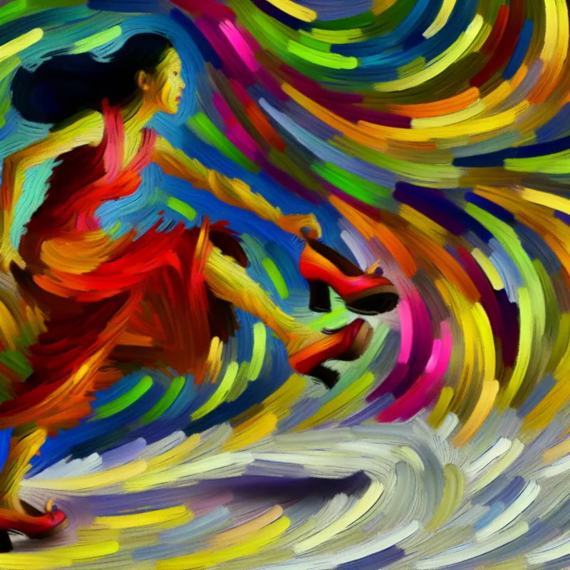Een abstracte afbeelding van een persoon die energiek een paar schoenen aantrekt, omringd door levendige kleuren en vormen die beweging en energie suggereren.