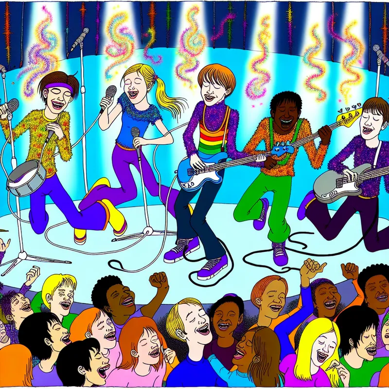 Vrolijke cartoonillustratie van een jonge band die energiek optreedt op een podium, met dansende publiek in kleurrijke outfits