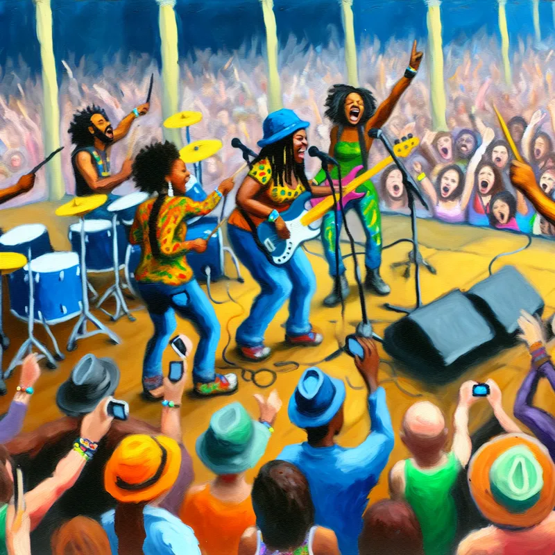 Een energieke band die op een groot podium speelt voor een enthousiast publiek, met fans die foto's maken.