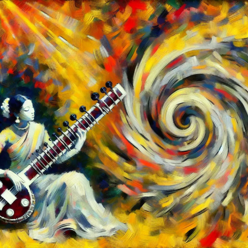 Abstract expressionistisch schilderij van een muzikant vol energie en levensvreugde, omringd door levendige kleuren en dynamische penseelstreken