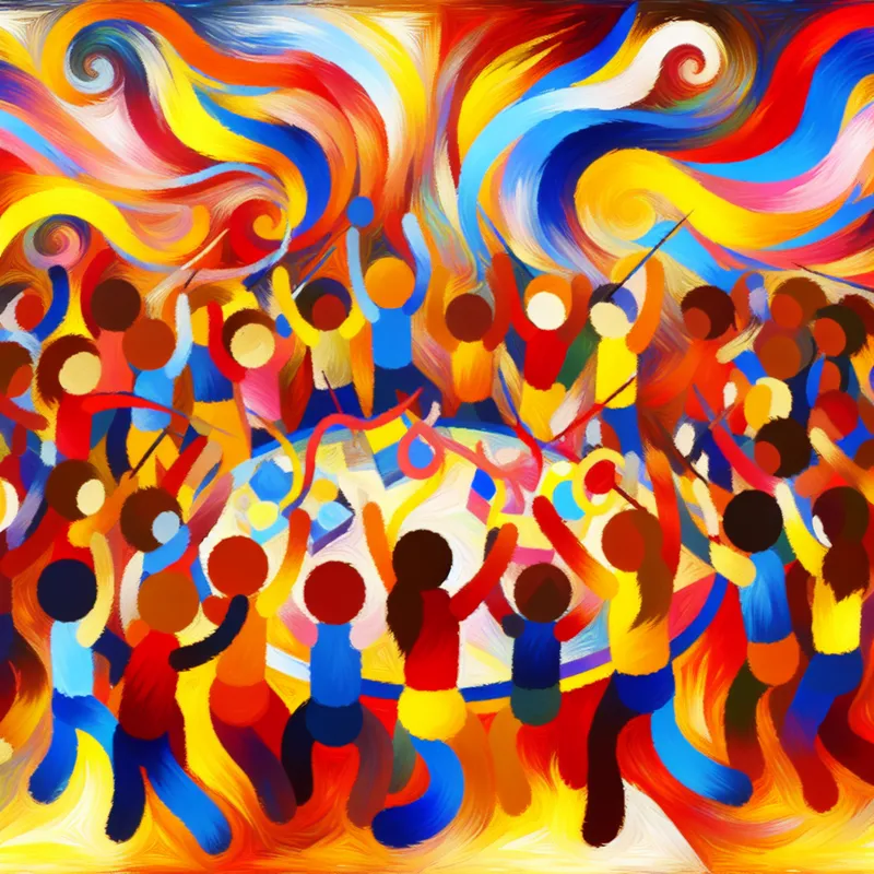 Abstracte afbeelding van een groep blije kinderen die samenwerken aan een creatief project, met felle kleuren zoals rood, blauw en geel die het plezier en de chaos van leren illustreren.