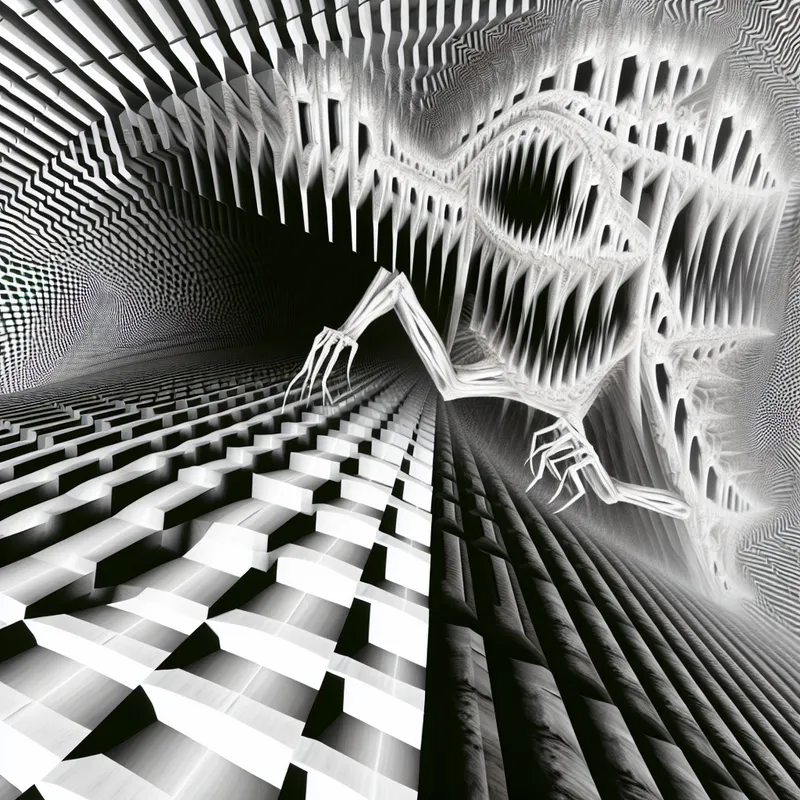 Surrealistisch kunstwerk in de stijl van M.C. Escher met een eng, monsterachtig figuur dat opduikt uit een onmogelijke architectuur, omringd door optische illusies en scherpe contrasten