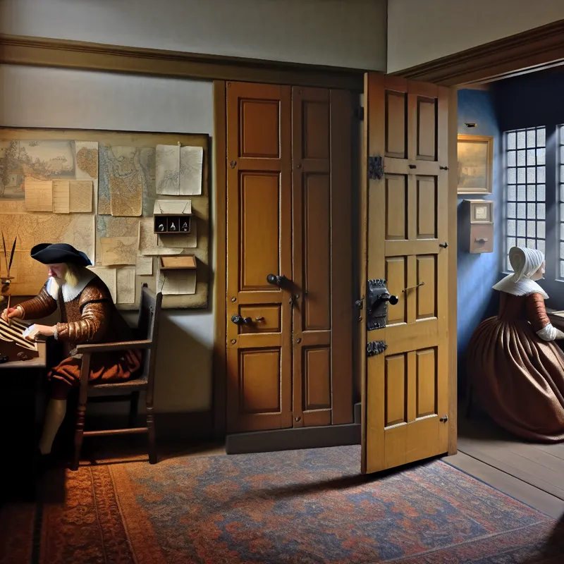 Rustig Nederlands kantoor in 17e-eeuwse stijl met een koperen plaquette met het Engelse woord 'Meeting Office'