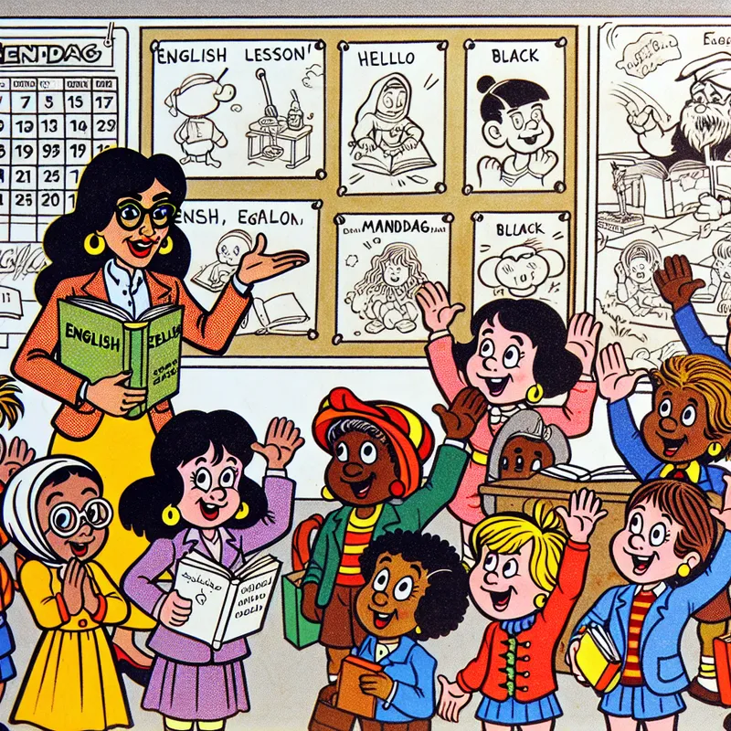 Vrolijke Engelse les in een kleurrijke klas met een enthousiaste docent en leerlingen die Engelse woorden leren zoals 'Hello' en 'Goodbye'