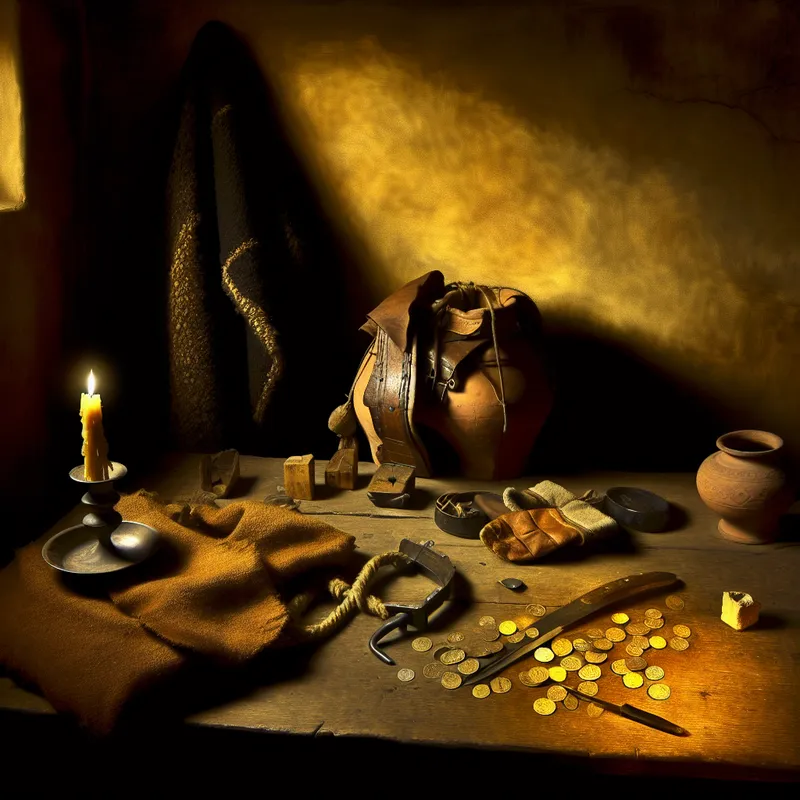 17e-eeuwse Nederlandse interieurscène met een vermoeide reiziger die enkele reisongemakken telt bij kaarslicht, zoals een gebroken riem, verloren handschoen en krom hoefijzer