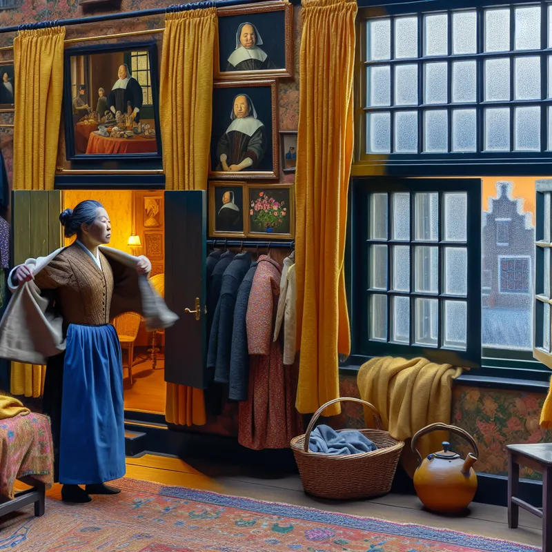 Gezellige Nederlandse huiskamer met persoon die een jas aantrekt bij een open raam op een enigszins koude dag, in de stijl van Jan Steen