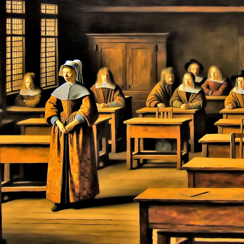 17e-eeuwse Nederlandse klas met enkele studenten en lege houten banken, geschilderd in Rembrandt-stijl met dramatisch clair-obscur