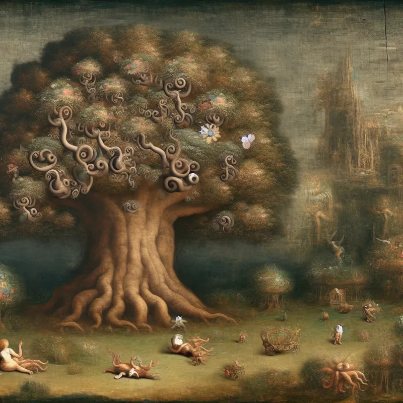 Een surrealistisch beeld van een enorme boom in een fantasierijk park, omringd door bizarre wezens en ongebruikelijke bloemen.