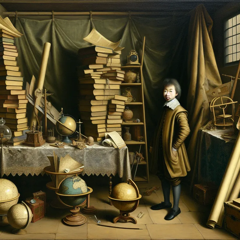 17e-eeuwse Nederlandse studeerkamer met een jonge geleerde omringd door een overvloed aan boeken, kaarten, globes en wetenschappelijke instrumenten, symboliserend een enorme hoeveelheid kennis