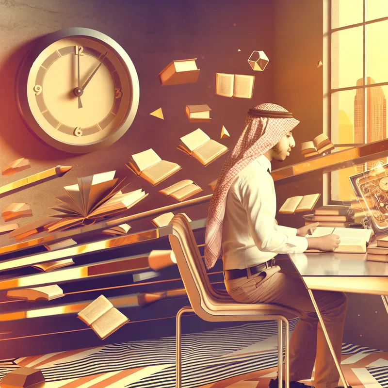 Een jonge persoon studeert enthousiast aan een eigentijdse geometrische bureau, omringd door boeken in een retro-futuristische omgeving met veel licht.