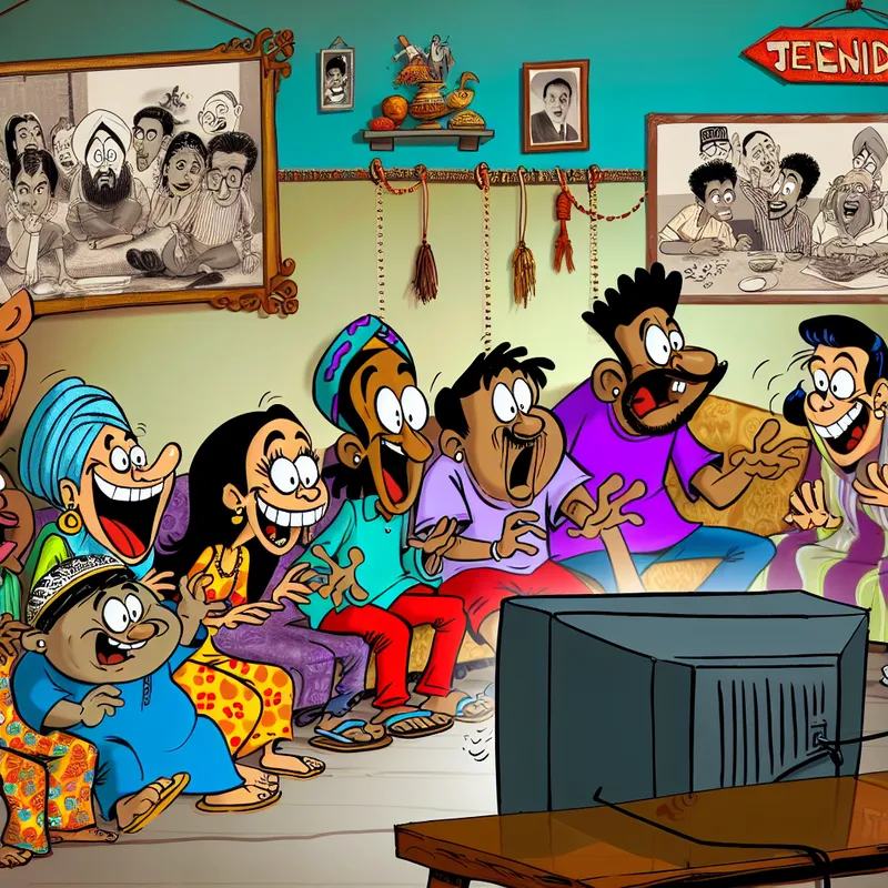 Een levendige cartoon met enthousiaste personages die rond een televisie zitten in een gezellige woonkamer, terwijl ze reageren op een spannende televisiescène.