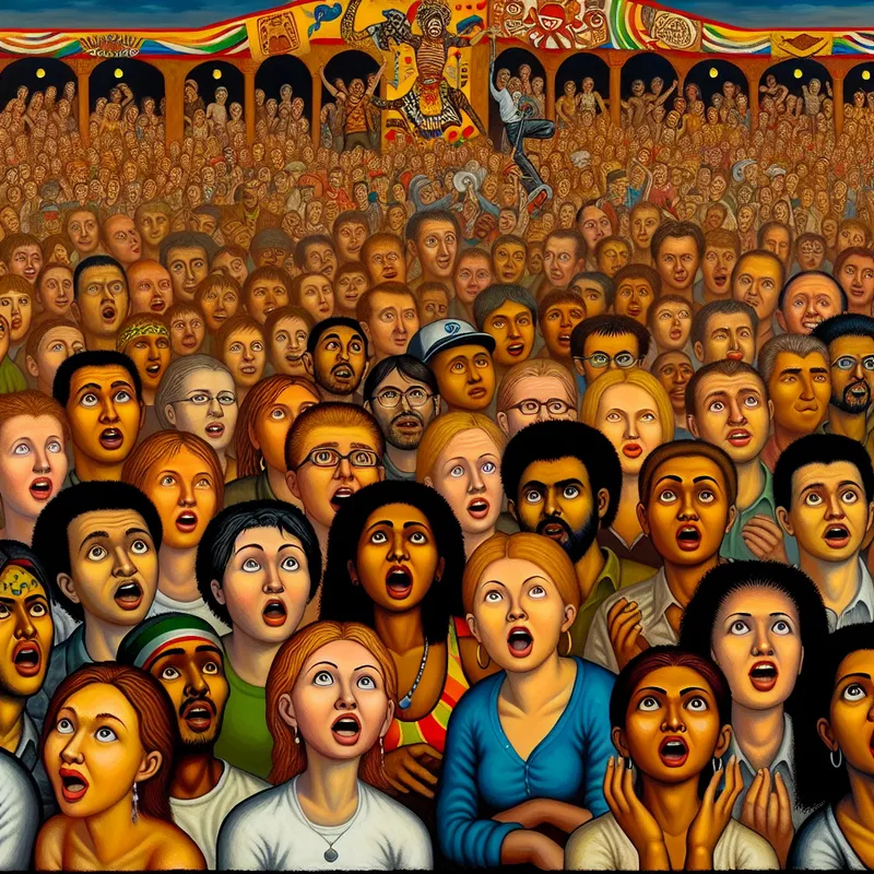 Een groep enthousiaste fans wacht op het concert van een zanger, met levendige gezichten en uitbundige gebaren.