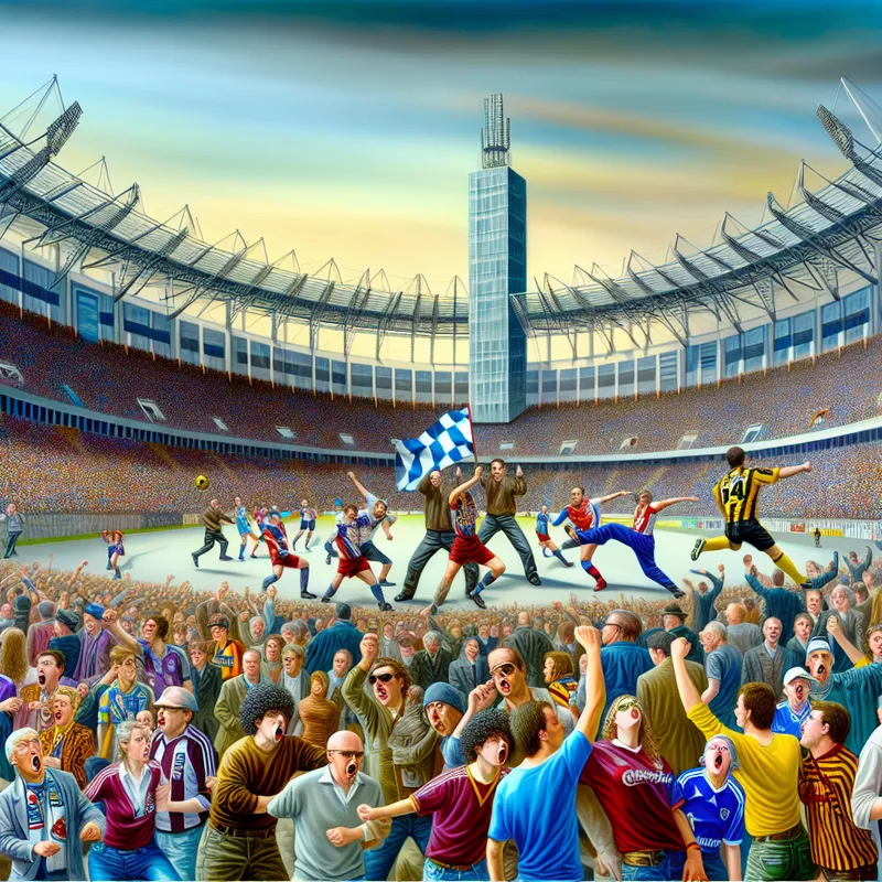 Druk stadion met enthousiaste fans tijdens een voetbalwedstrijd, supporters in kleurrijke teamshirts en vlaggen.