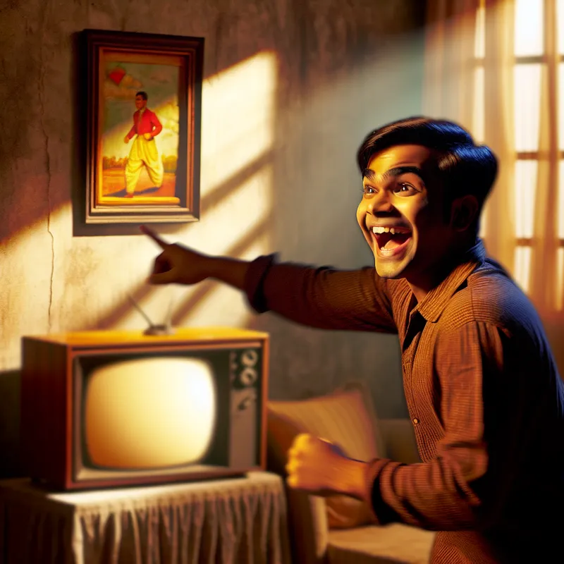 Een jonge man wijst enthousiast naar een filmposter in een sfeervol verlichte kamer, met een uitdrukking van vreugde op zijn gezicht.