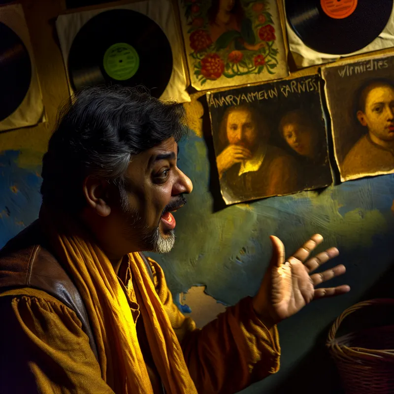 Een enthousiaste persoon in een sfeervolle kamer omringd door vinylplaten, die gepassioneerd muziek bespreekt met energieke gebaren.