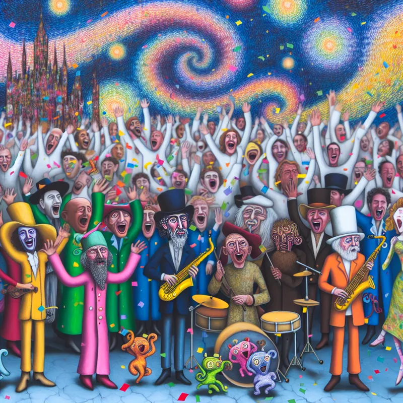 Een kleurrijke scène van een band die wordt verwelkomd door een juichende menigte, met confetti en bizarre figuren die vieren.