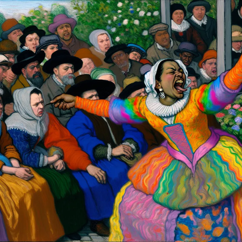 Een persoon in een kleurrijke setting imiteert enthousiast een papegaai door herhaaldelijk dezelfde zin te zeggen, terwijl een verveeld publiek toekijkt.