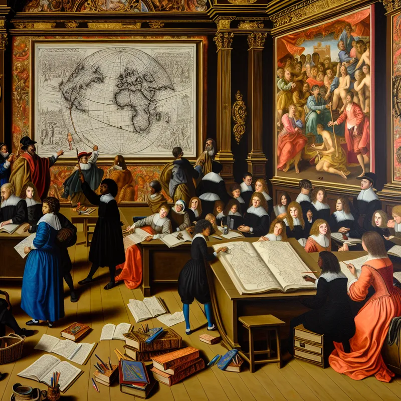 Een groep enthousiaste studenten werkt samen aan een historisch project in een klassieke schoolomgeving, met een grote perkament kaart en kleurrijke kunstbenodigdheden.