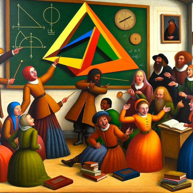 Klassevol scène van studenten die enthousiast rond een blackboard staan met een grote, kleurrijke driehoek.