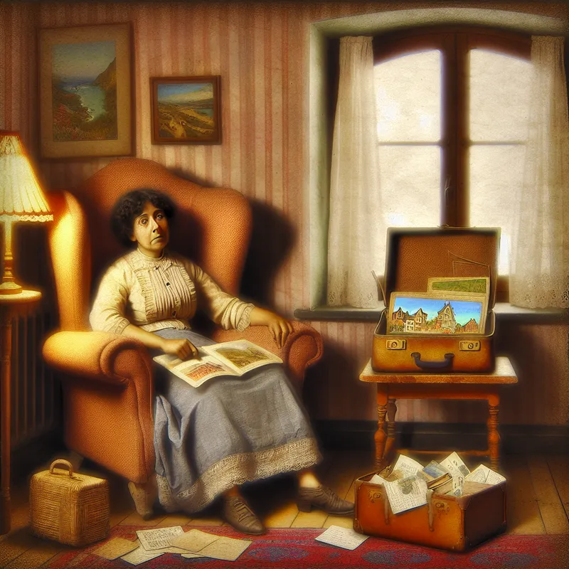 Persoon in versleten fauteuil met vakantiebrochure, klaar voor vakantie na vermoeiende periode