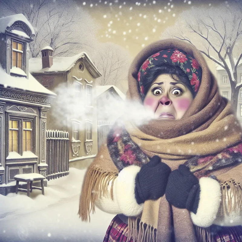 Persoon die rilt van de verschrikkelijke kou in een sprookjesachtig besneeuwd dorp met oude huisjes en sneeuwvlokken