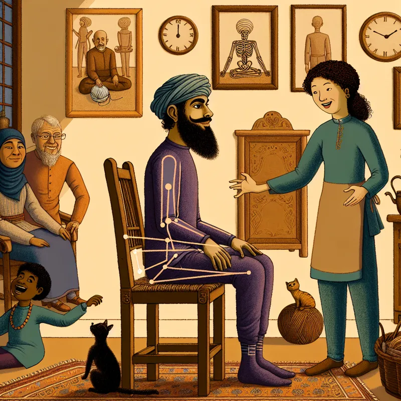 Levendige fysiotherapiesessie in de stijl van Jan Steen met demonstratie van correcte houding en ergonomische ligtelijn voor rugpijnpreventie