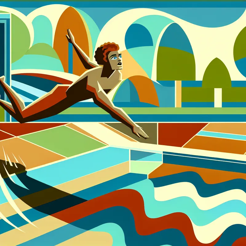 Illustratie van een persoon die met een verbaasde uitdrukking in het water springt, met geometrische golven en een retro-futuristische stijl