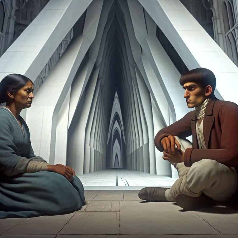 Twee mensen in een ernstig gesprek in een monumentale architectonische setting met koel licht en een sombere sfeer