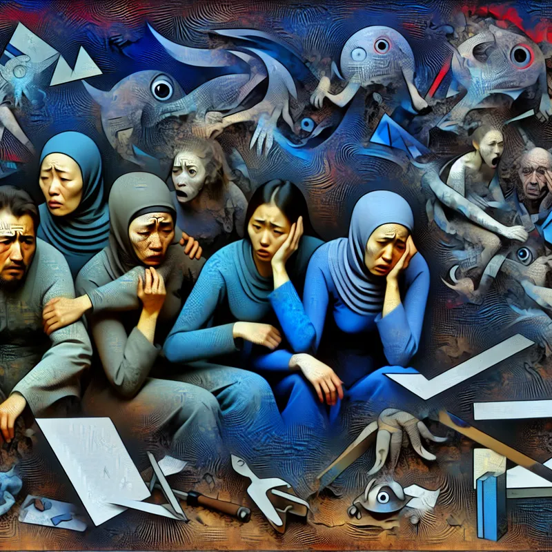 Een groep mensen in wanhoop gevangen in een chaotische omgeving, omringd door bizarre wezens en abstracte vormen, symboliserend een ernstig probleem.