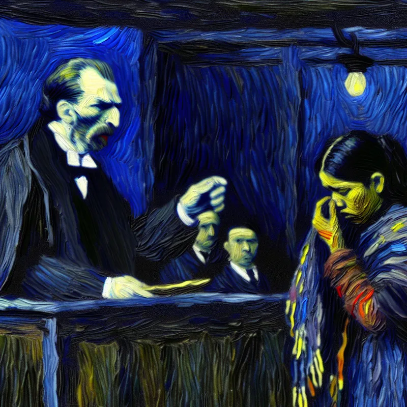 Dramatische rechtszaalscène in Van Gogh-stijl met rechter die ernstige straf uitspreekt, zwierige penseelstreken en intense kleuren