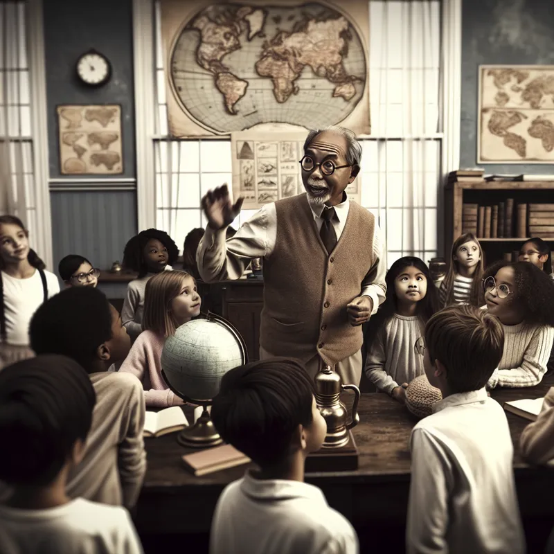 Een ervaren leraar in een vintage schoolklas met enthousiaste studenten