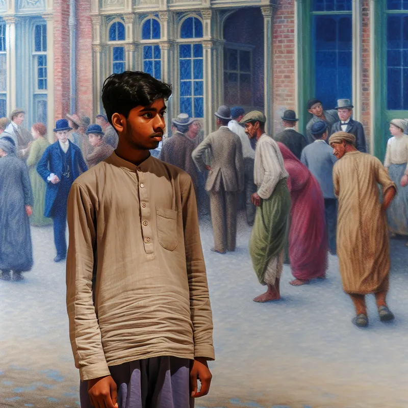 Jonge persoon op de rand van een drukke stad, met een overweldigde uitstraling, zich kleden in bescheiden kleding, omringd door drukke stadsbewoners.