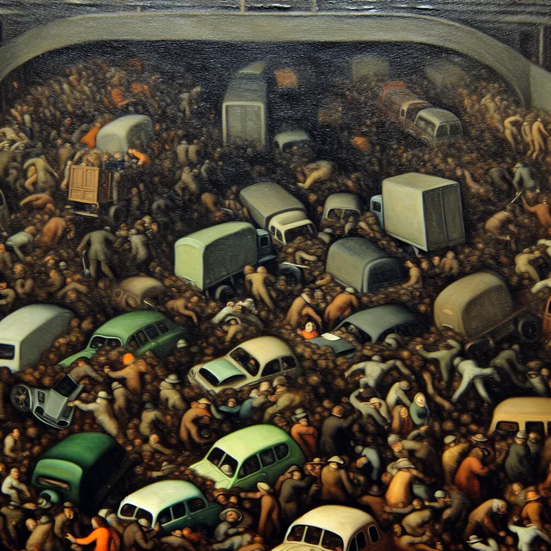 Dramatische schilderij in Rembrandt-stijl van een chaotische verkeersopstopping na een ongeval, vergeleken met dikke erwtensoep