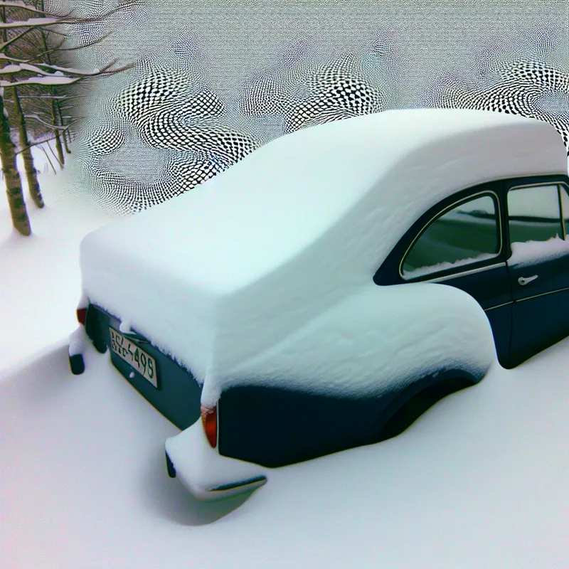 Surrealistische voorstelling van een besneeuwd autodak in de stijl van M.C. Escher, met geometrische patronen en optische illusies