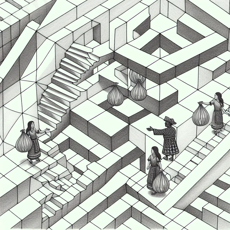 Surreal scène met geometrische figuren op een Escher-achtige trap, één biedt hulp aan met dragen van tassen