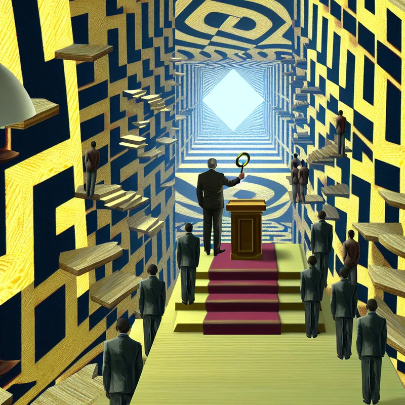 Surrealistische Escher-achtige voorstelling van een formele bijeenkomst die beëindigd wordt, met paradoxale trappen, oplossende figuren en een zwevend 'einde'-symbool