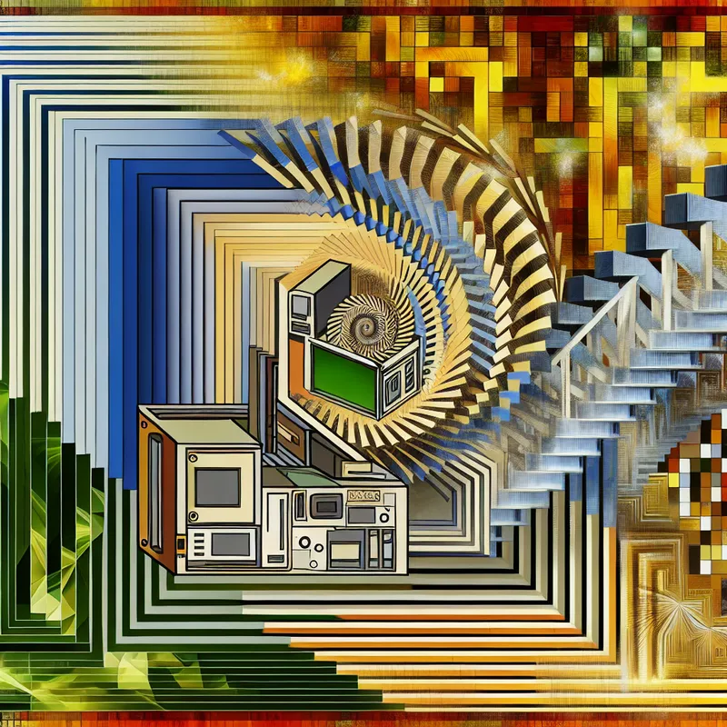 Surrealistische afbeelding in de stijl van M.C. Escher van een computer die na een update terugkeert naar zijn oorspronkelijke staat met geometrische patronen en optische illusies