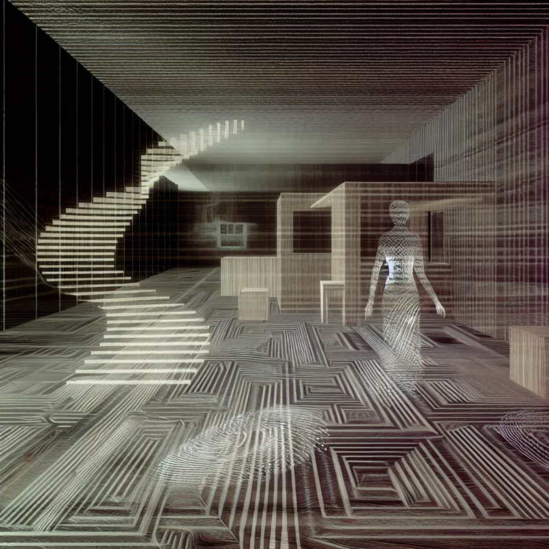 Surrealistische Escher-achtige crime scene met een transparante menselijke figuur van geometrische patronen en optische illusies, die een vluchtige fysieke aanwezigheid suggereert